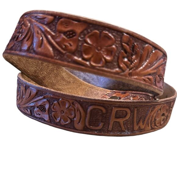 Vintage Hand Tooled Brown Leather Western Style Belt with CRW initials - Picture 1 of 7